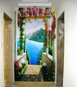 风景彩绘定制过道造型墙油画墙绘丙稀颜料超环保新视角出品